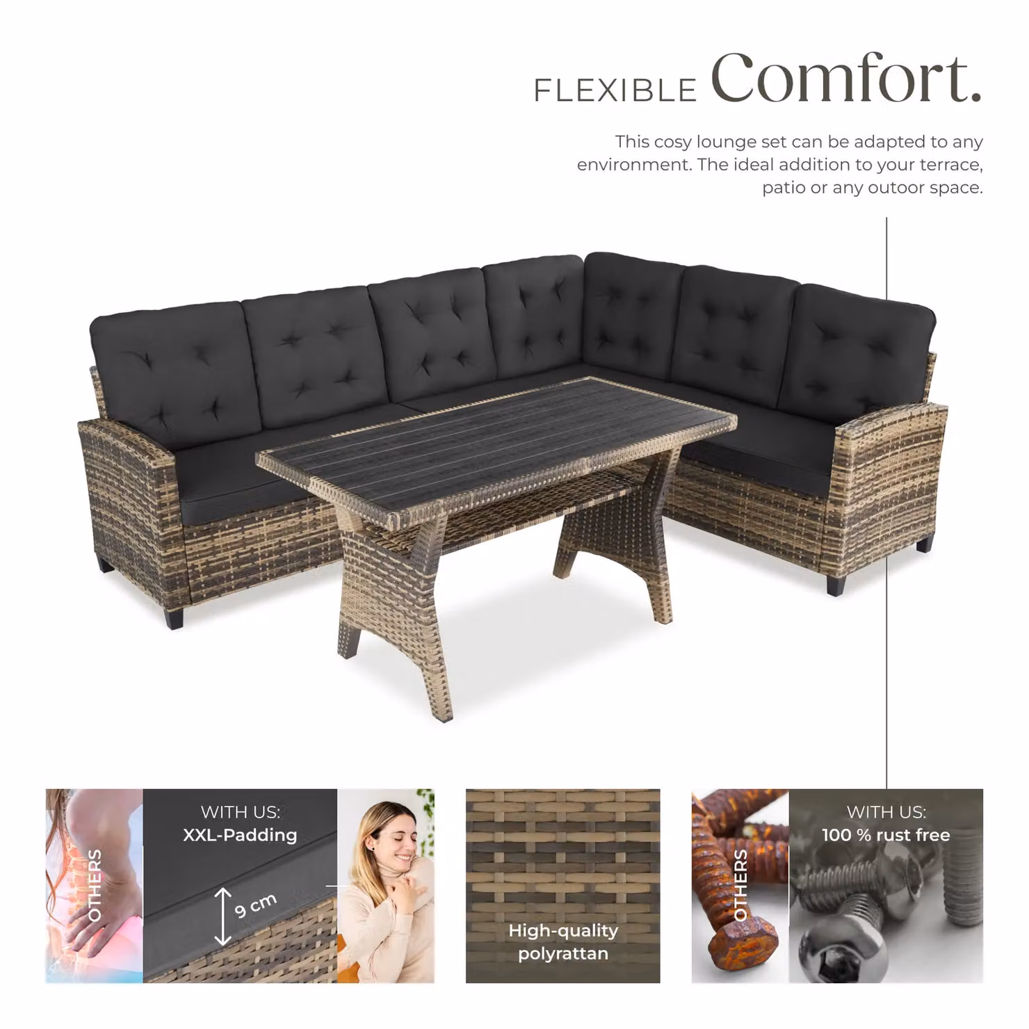 tectake Catania L-Shape Garden Furniture Set in Natural Polyrattan with Grey and Sand Upholstered Cushions and Coffee Table – 3