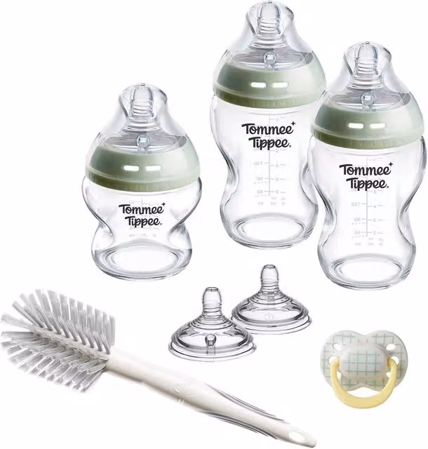 Tommee Tippee Glass Newborn Starter Set with Anti-Colic Valve and Wide Neck Design, Transparent and Green