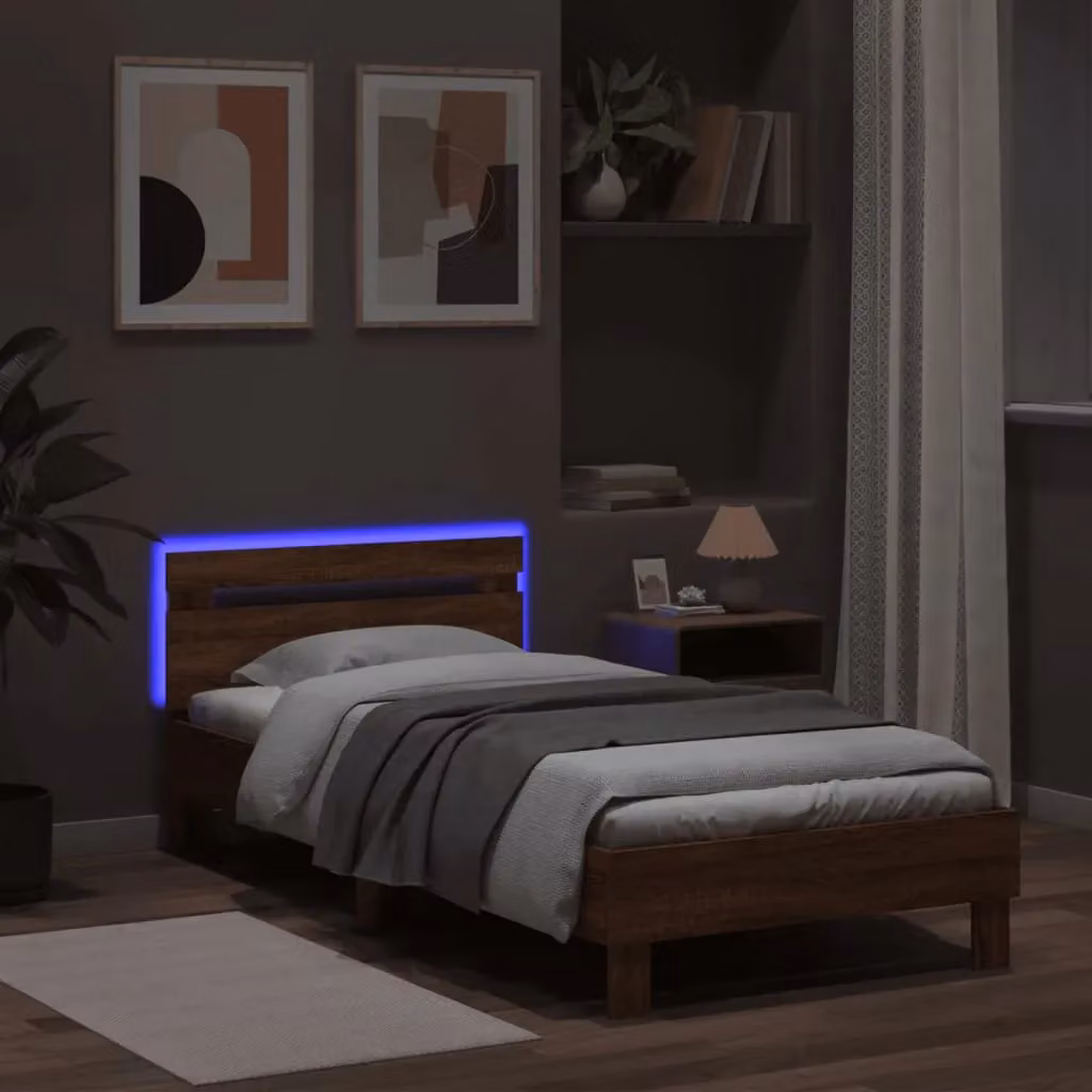 Berkfield Home Modern Bed Frame with LED Lights and USB Charging Port in Brown Oak, W/D/H: 100 x 200 cm – 3
