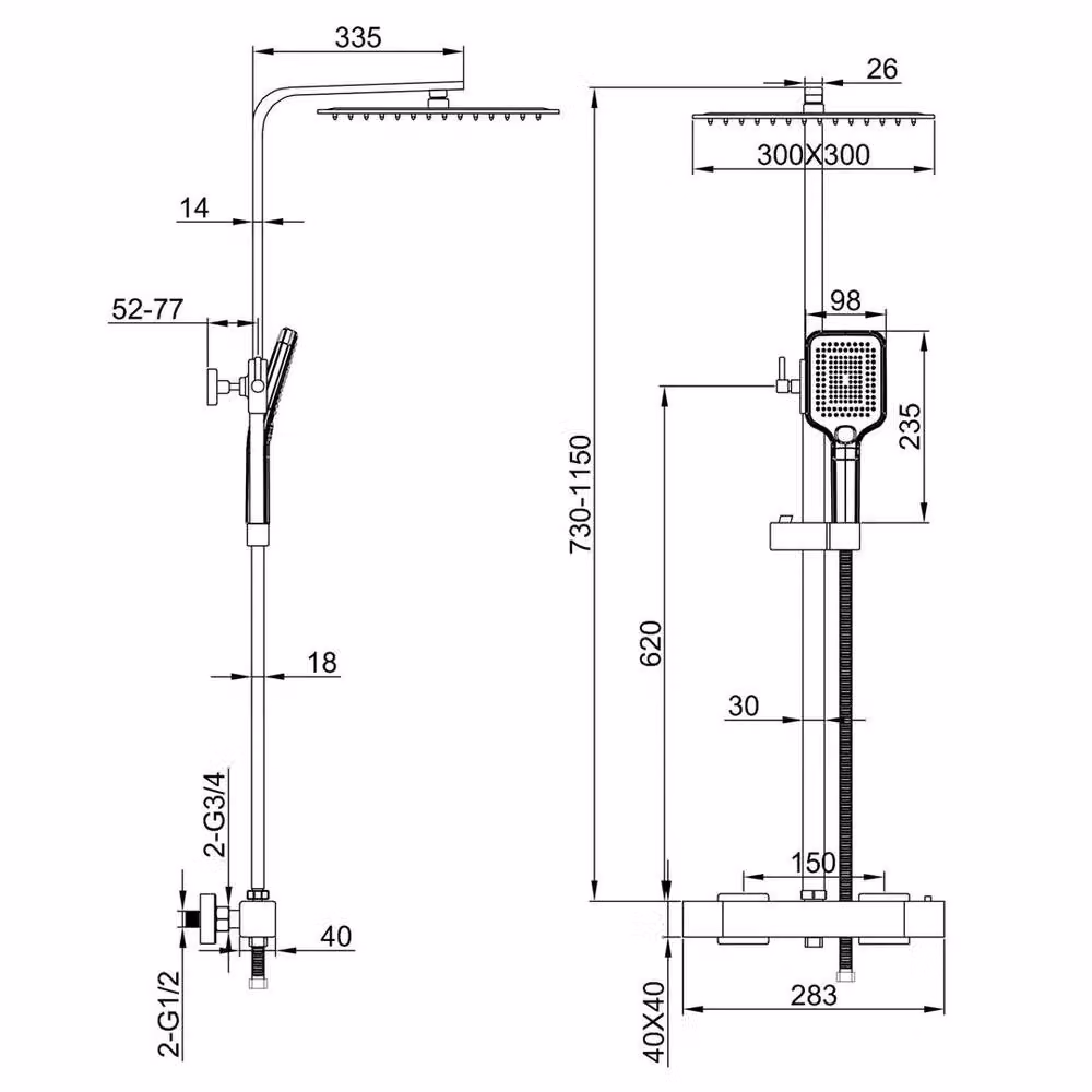 Hinsinc Chrome Square Bar Twin Head Thermostatic Shower Set in Metallic Silver, W: 180 cm, H: 180 cm – 2