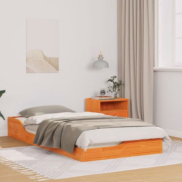 Berkfield Home Solid Pine Wood Floor Bed Frame in Wax Brown and Beige, W/D/H: 90 x 190 cm – 1
