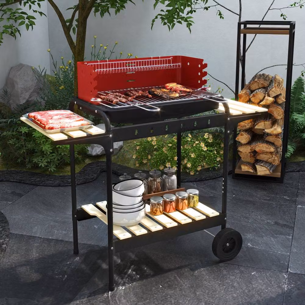 Rolipo Red Charcoal BBQ Cart Grill with 5-Position Grate – 3
