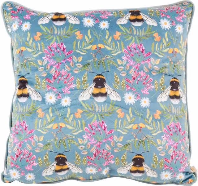 Wylder Nature House of Bloom Zinnia Bee Repeat Piped Cushion in Blue and Grey, W/D/H: 43 x 43 x 43 cm – 1