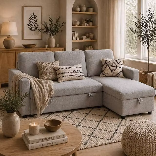 Wyld Haus Tafaha Light Grey Fabric Pull Out Sofa Bed with Reversible Chaise and Hidden Storage W/D/H: 200 x 85 x 126.5 cm