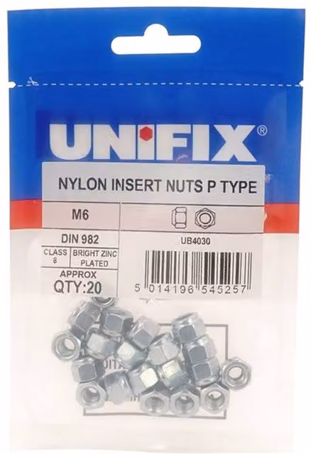 Unifix Class 8 Self-Locking Nylon Insert Hex Nuts, P Type DIN 982, M6, Silver Galvanised