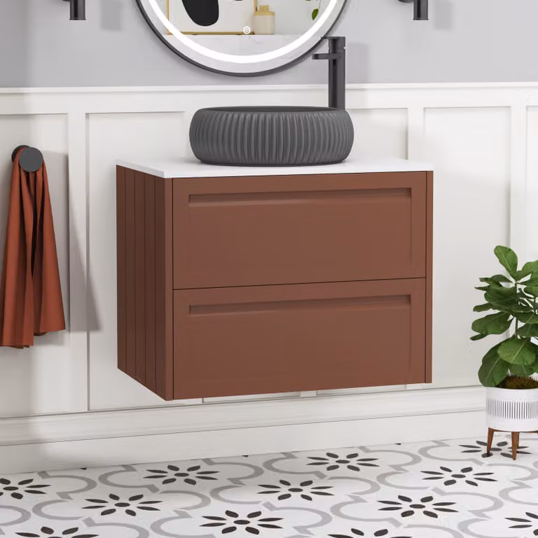 Royal Bathrooms Elmore 700mm Wall Hung Vanity Unit in Terracotta Clay with 2 Drawers, Plain White Worktop and Milan Black Basin
