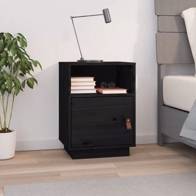 Berkfield Home Black Solid Wood Pine Bedside Cabinet, W/D/H: 40 x 34 x 55 cm