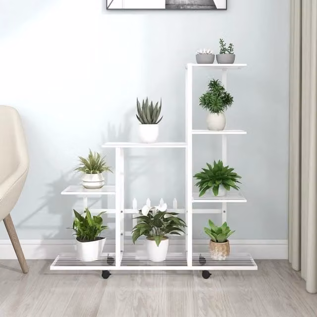 Berkfield Home White Metal Flower Stand with Wheels, W/D/H: 94.5 x 25 x 92.5 cm