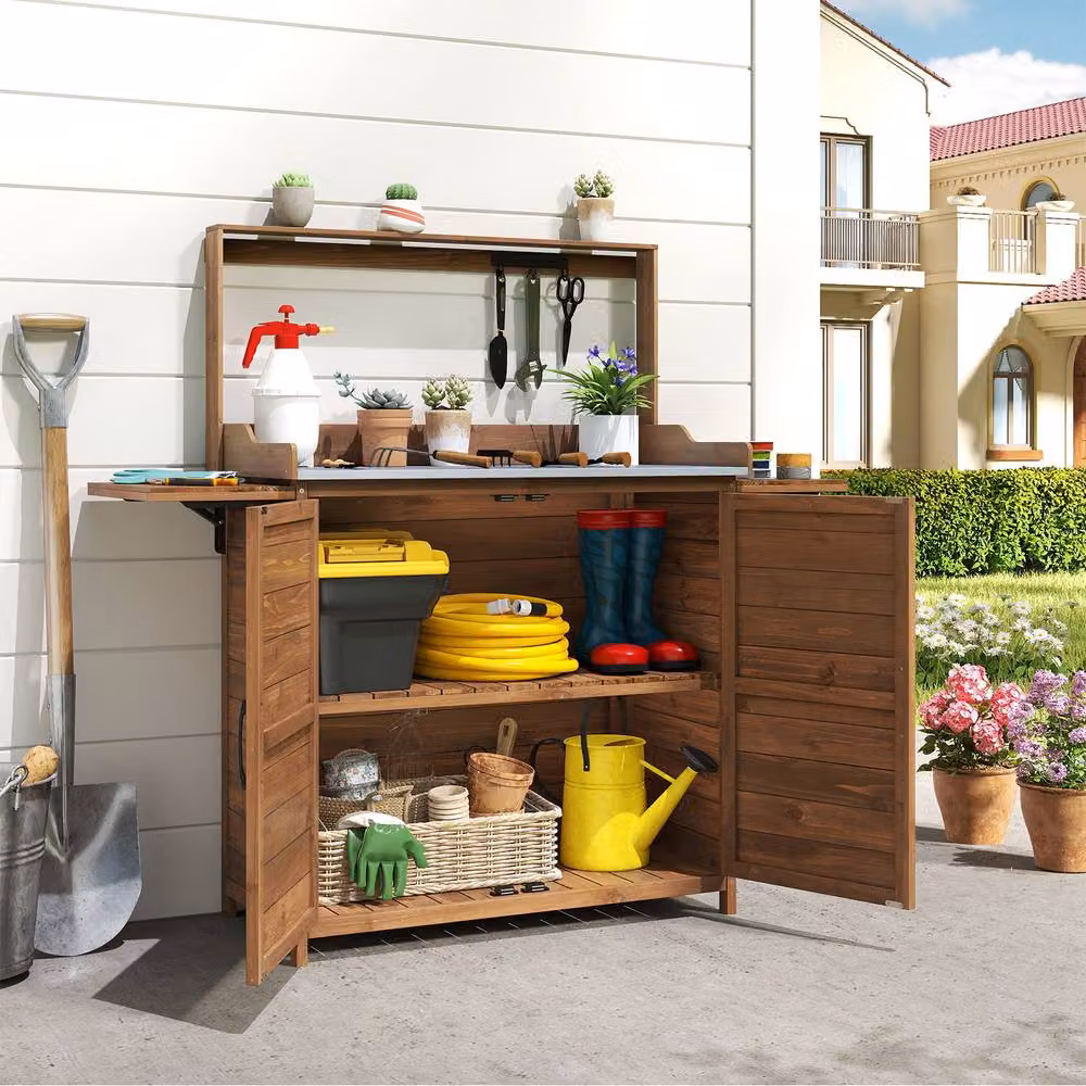 Gymax Outdoor Potting Bench Planting Workbench with Storage Cabinet in Brown – 4
