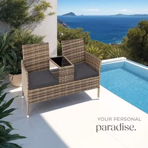 tectake Outdoor Rattan Bench with Integrated Table and Cushions, W/D/H: 133 x 63 x 84 cm, Nature/Grey – 8