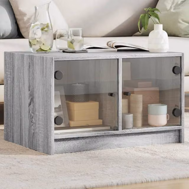 Berkfield Home Modern Coffee Table with Glass Doors in Grey Sonoma, W: 68 cm, D: 50 cm, H: 42 cm – 1
