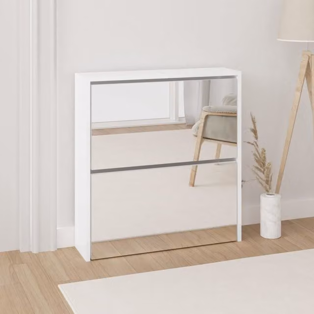 Berkfield Home Modern High Gloss White 2-Layer Shoe Cabinet with Mirror, W/D/H: 63 x 17 x 67 cm