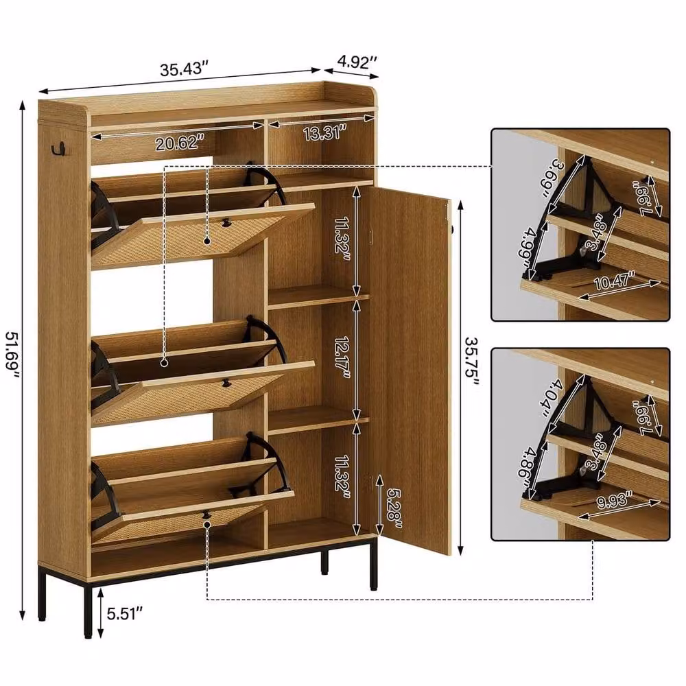 KORVIXA Scandinavian Rattan 3-Drawer Tilt-Out Shoe Cabinet in Brown and Beige, W/D/H: 100 x 100 x 100 cm – 2
