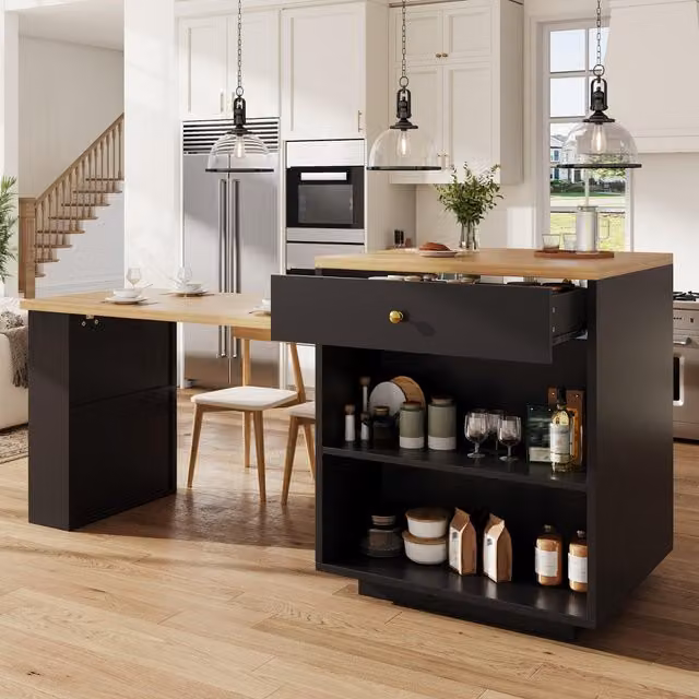 Aosom UK Extendable Kitchen Island with MDF Top and Built-In Wine Rack, Black, W: 195.5 cm, D: 70 cm, H: 94 cm