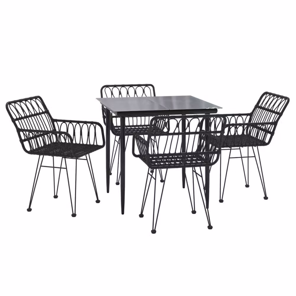Berkfield Home 5 Piece Black Poly Rattan Garden Dining Set with Glass Top – 3