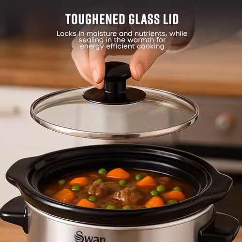 Swan 1.5 Litre Stainless Steel Slow Cooker with Keep Warm Function, 120W, Silver – 5