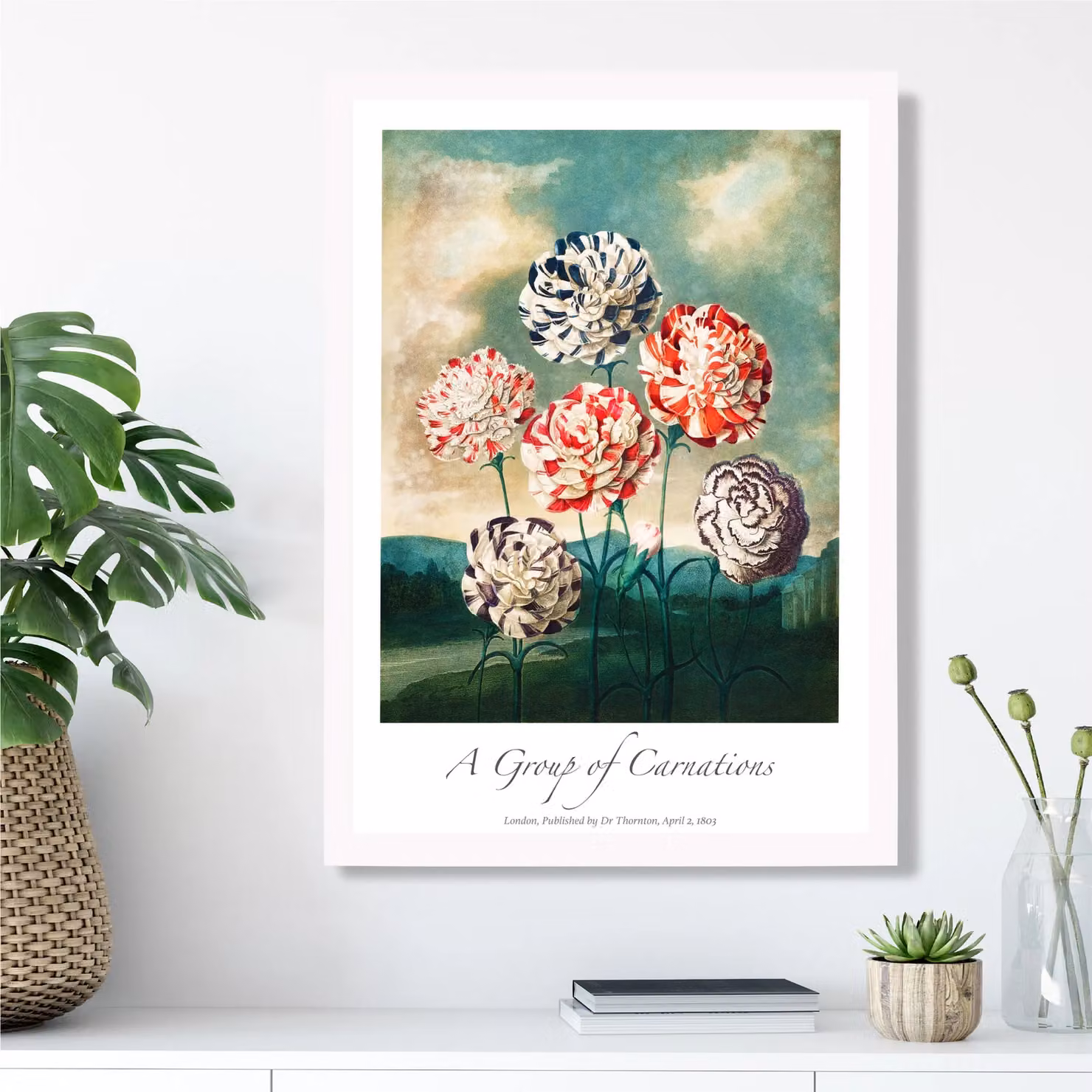 ARTZE Vintage Floral Carnation Flowers Framed Print, Red and White, A3 – 2
