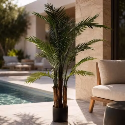 Botanik 125cm UV Resistant Raphis Palm Tree with Natural Trunk in Green and Black