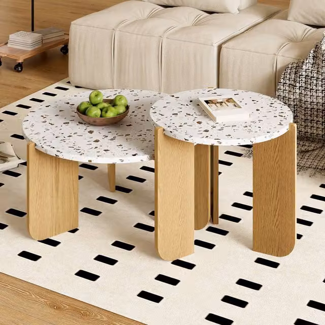 Merax 2 Piece Modern Nesting Coffee Table Set with White Terrazzo Effect Tops