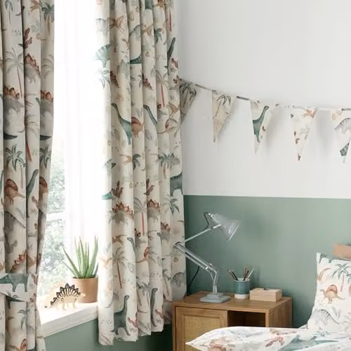 Happy Linen Company Scandi Saurus Dinosaur Kids Thermal Blackout Pencil Pleat Curtain Set, Ivory/Beige, W: 66 cm, H: 137 cm