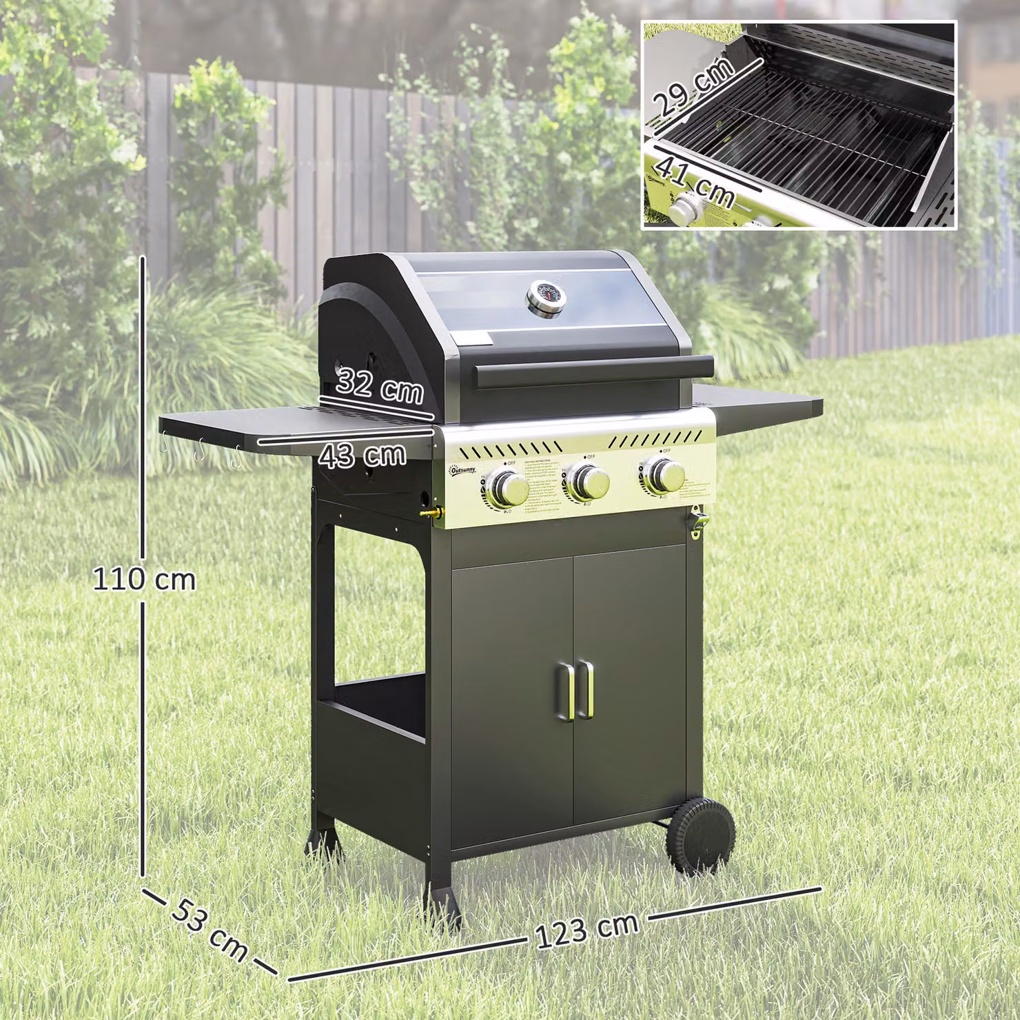 Outsunny 7.5kW Three-Burner Gas BBQ Grill with See-Through Lid and Warming Rack, Black – 3