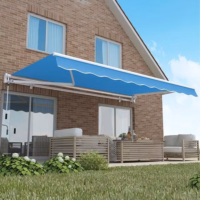 Primrose Manual Retractable Folding Arm Awning with White Aluminium Frame, Blue and White, W: 350 cm, D: 250 cm