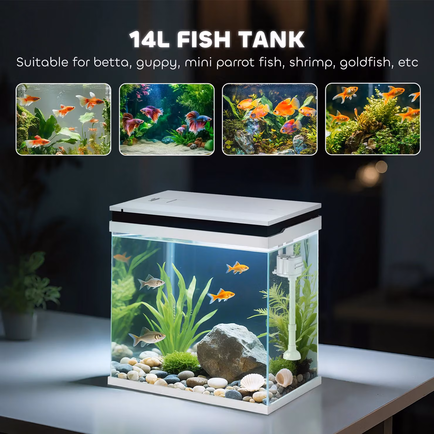 PAWHUT Small Fish Tank with Filter System, LED Lights and Water Pump, White, 14L – 3