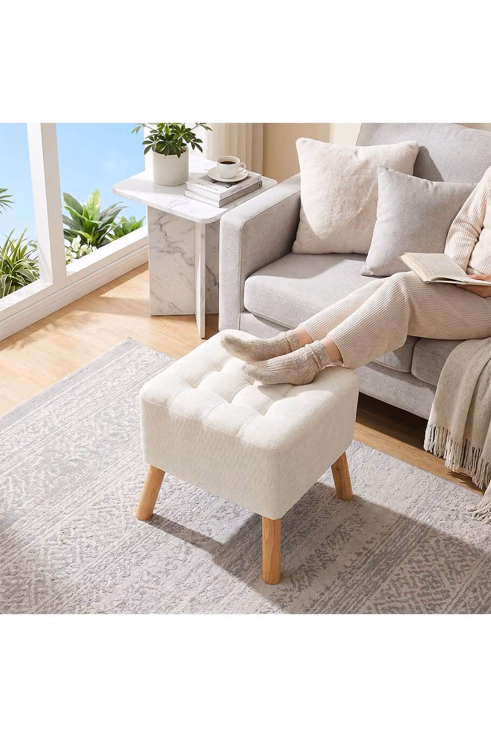 Living and Home White Chenille Upholstered Cube Footstool – 2