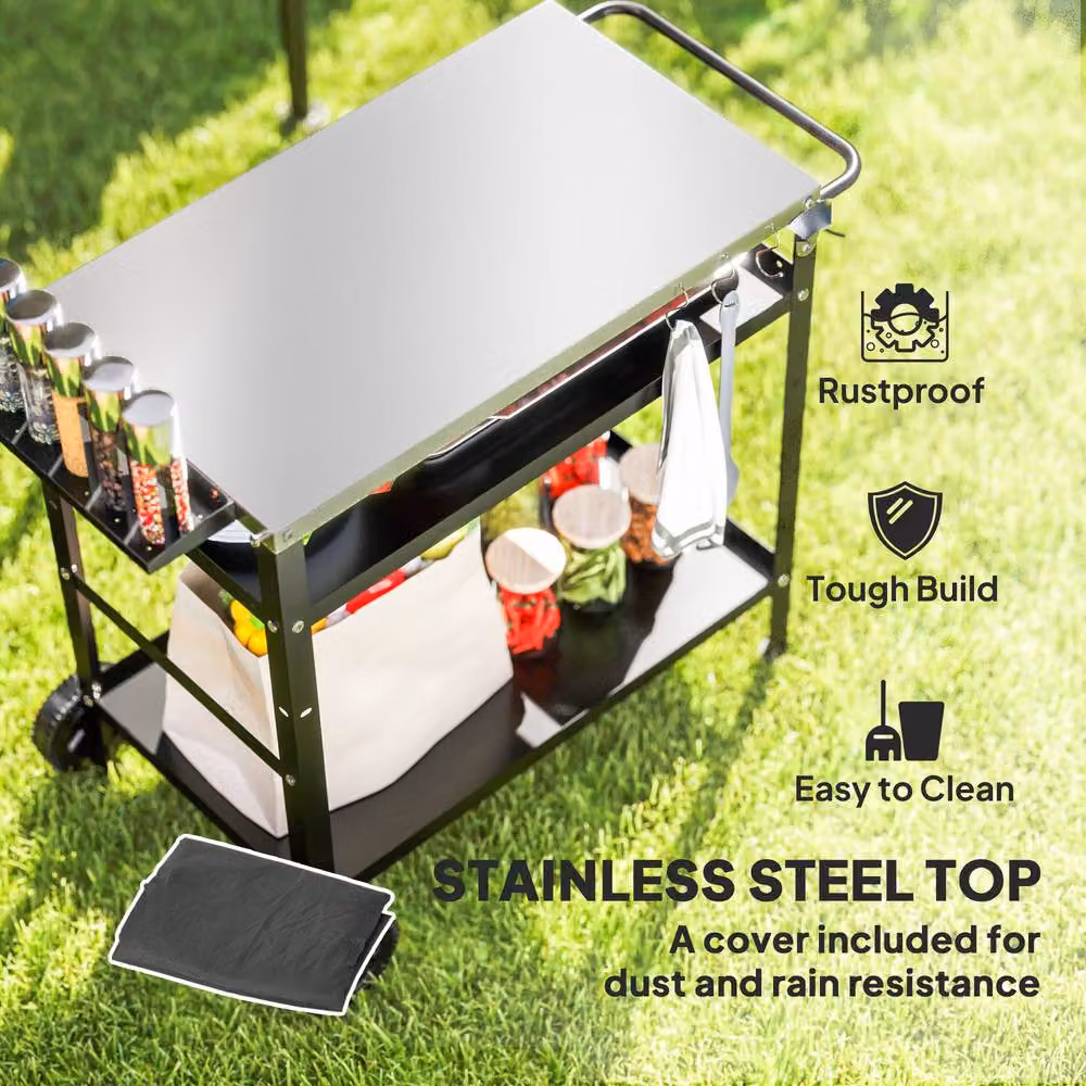Outsunny BBQ Trolley Cover in Black with Stainless Steel Top and Wheels, W/D/H: 78 x 45 x 80 cm – 4