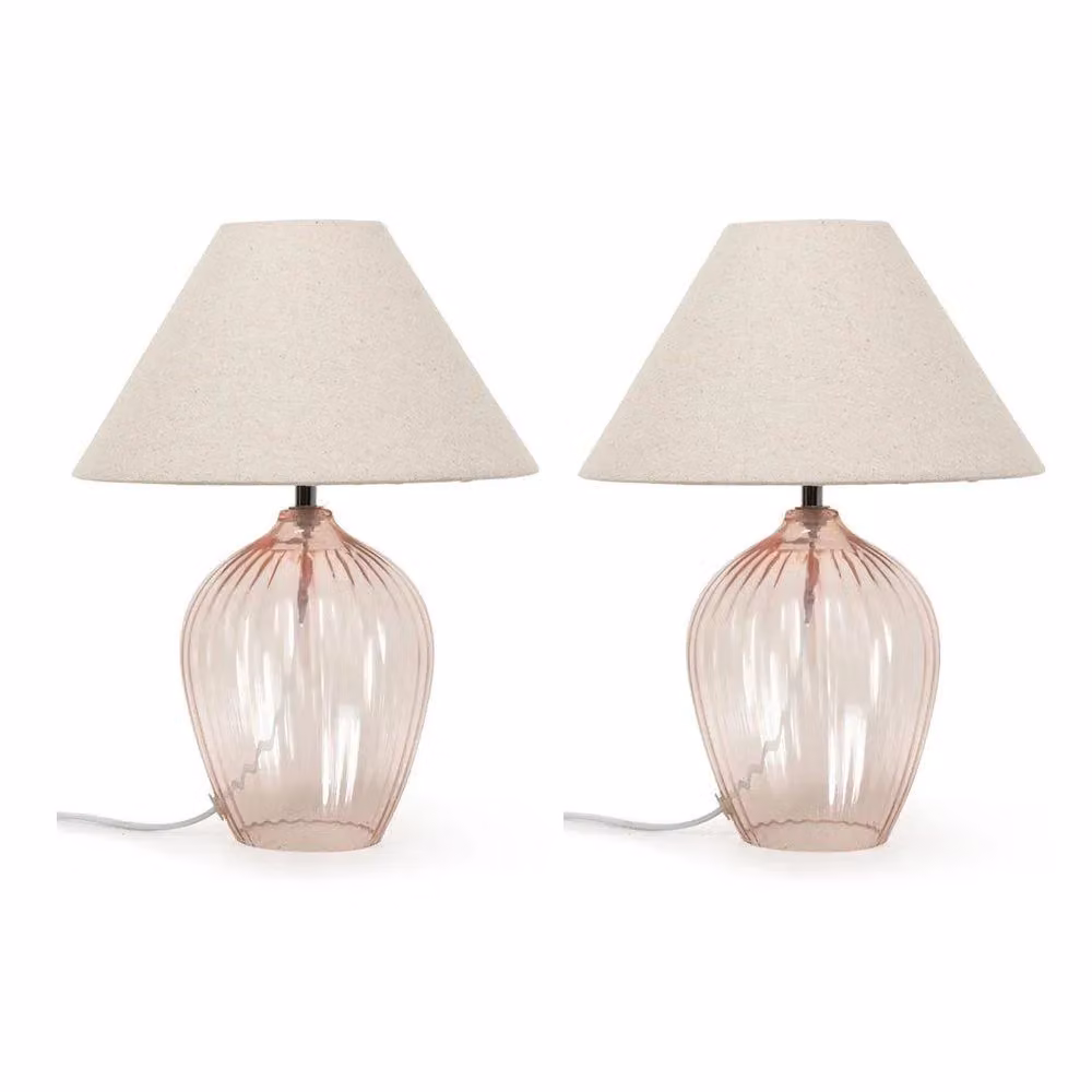 ValueLights Set of 2 Blush Pink Glass Table Lamps with Cream Fabric Tapered Shades – 2