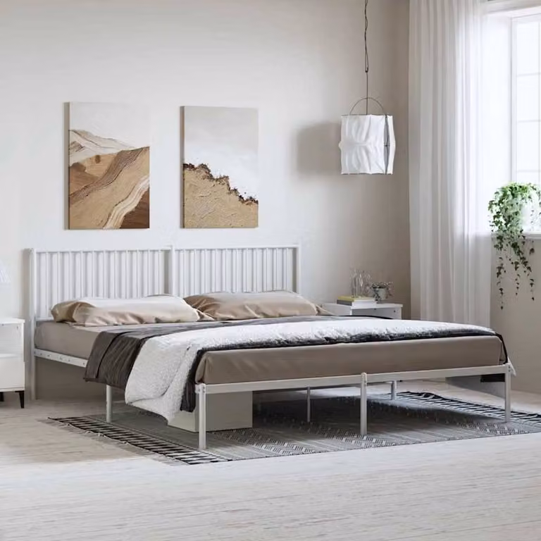 Berkfield Home Metal Bed Frame with Headboard, White, W: 183 cm, L: 213 cm