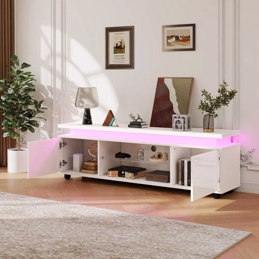 KORVIXA Modern White Glossy LED TV Unit Stand with 2 Doors and Integrated Lighting, W/D/H: 100 x 100 x 100 cm – 3