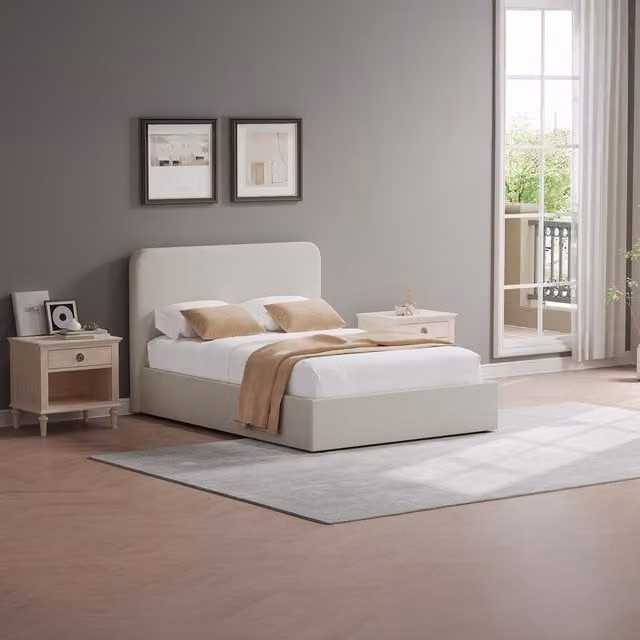 FWStyle Beige Upholstered Ottoman Bed Frame with Hydraulic Gas Lift, W/D/H: 120 x 200 cm
