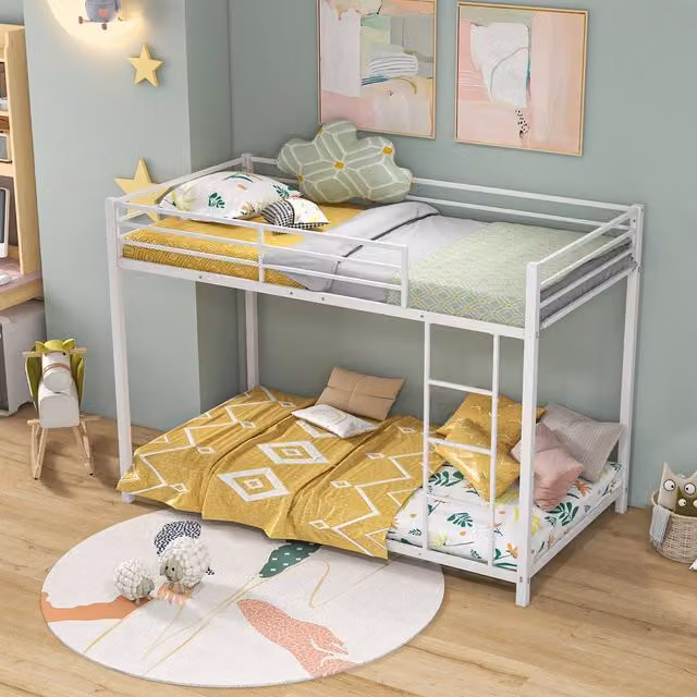 Costway Single Metal Bunk Bed Frame with Ladder and Full-length Guardrails in White, 90 x 200 cm – 1
