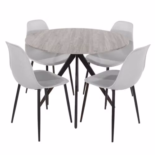 Core Products Aspen 5-Piece Dining Set with Round Grey-Oak Effect Table and 4 Grey Ergonomic Curve Plastic Chairs with Black Metal Legs – 2
