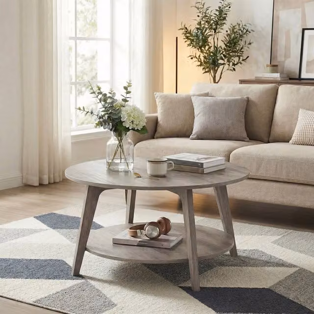 VASAGLE Round Scandinavian Coffee Table in Beige, White and Grey, W: 80 cm, D: 45 cm, H: 30 cm