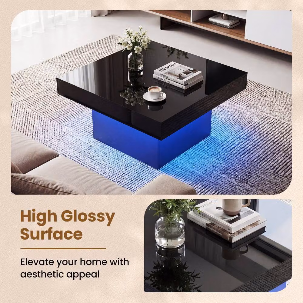 Gymax Square LED Coffee Table with Remote and 21 Dynamic Modes in Black Wood Finish – 9