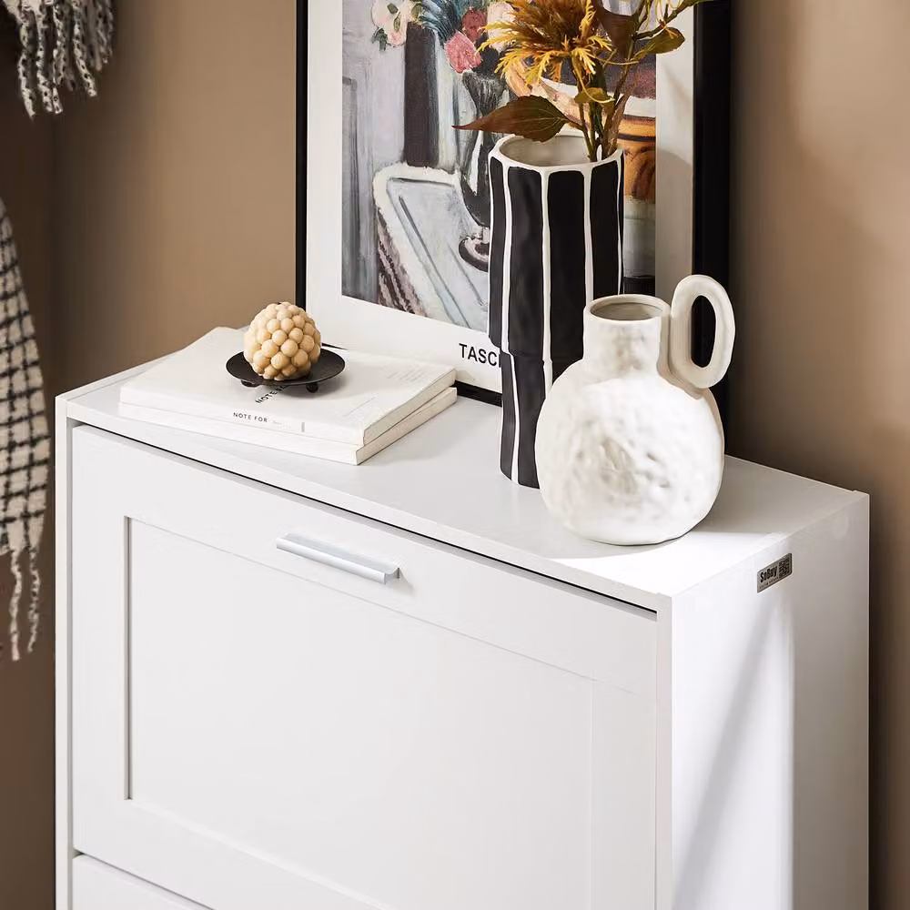 SoBuy Slim White Shoe Cabinet with Tilting Compartments and Internal Shelves, H 80 x W 60 x D 25 cm – 6