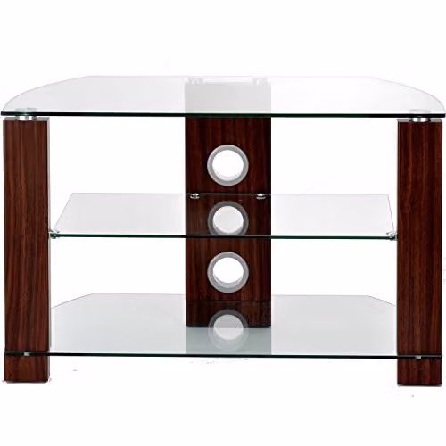 TTAP GROUP Clear Glass TV Stand with Walnut Legs for TVs up to 52-Inch