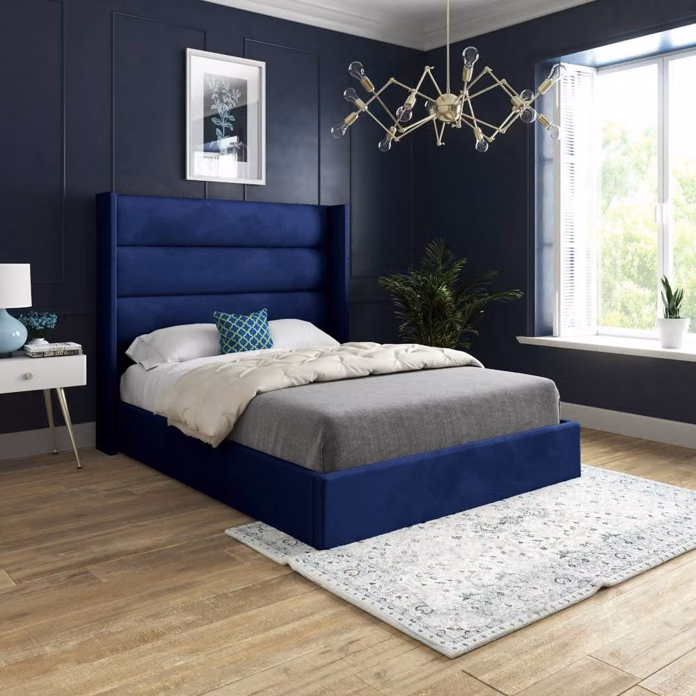 Casani Ramsey Straight Winged Upholstered Designer Bed Frame in Blue Soft Velvet, W/D/H: 200 x 189 x 137 cm – 2