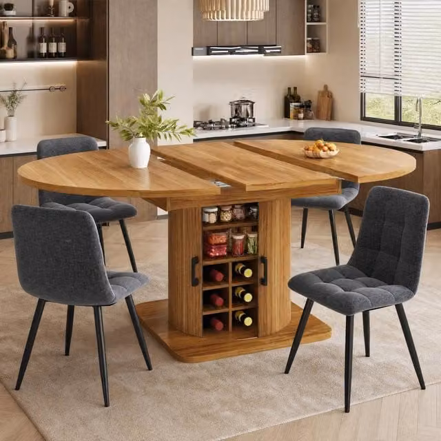 STILVORA Extendable Modern Dining Table with Butterfly Leaf and Storage in Brown