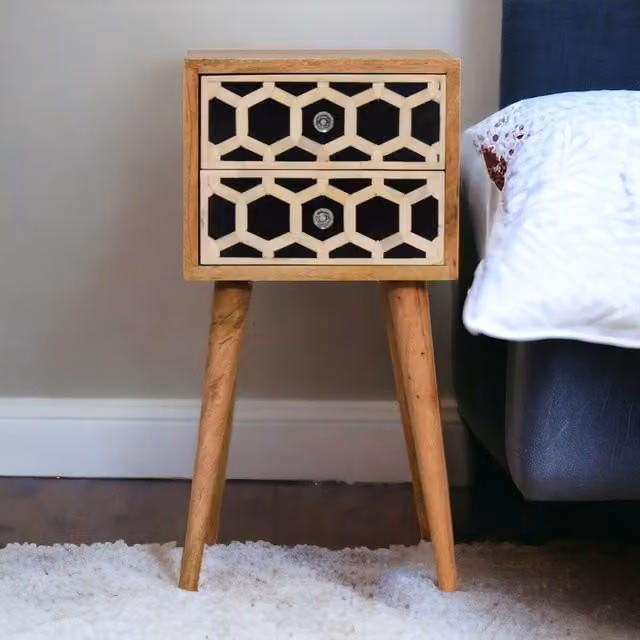 Artisan Furniture Solid Mango Wood Mini Bone Inlay 2 Drawer Bedside Table in Brown