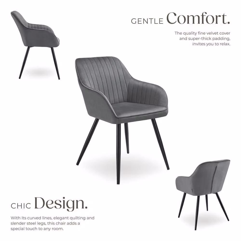 tectake Marilyn Set of 2 Grey and Black Velvet Dining Chairs with Armrests – 3