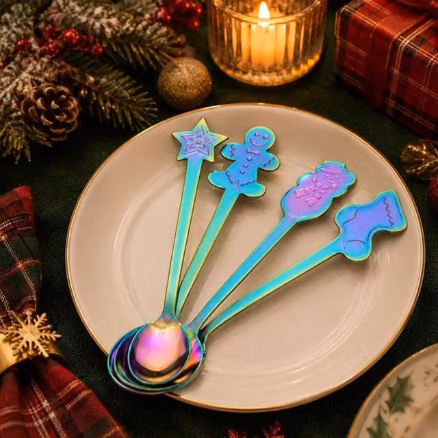 Lovii Polished Stainless Steel Rainbow Dessert Teaspoon Set of 4 Multicolour