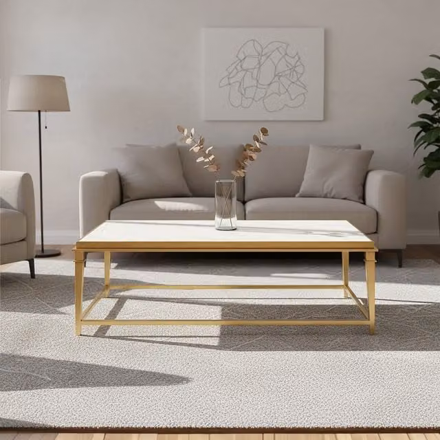 Orsina Modern Rectangular Coffee Table with White Marble Top and Gold Metal Legs – 1