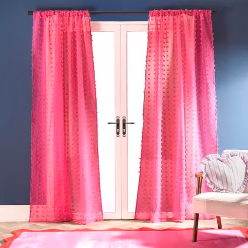 OHS Pink Tufted Pompom Voile Net Curtains, 2 Panels, W/D/H: 140 x 140 x 220 cm