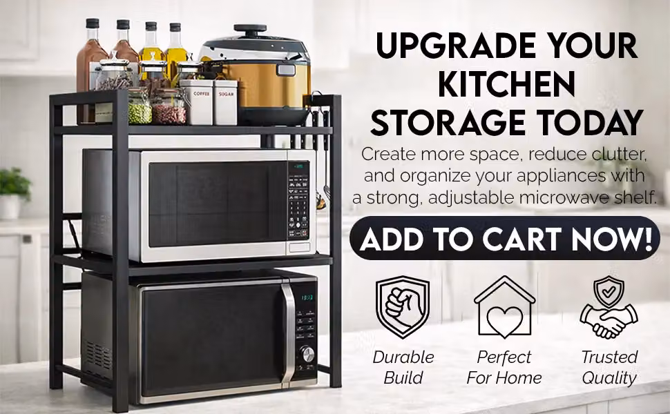 Hygrad 2-Tier Heavy Duty Extendable and Adjustable Microwave Oven Stand in Black Metal with 3 Hooks – 11