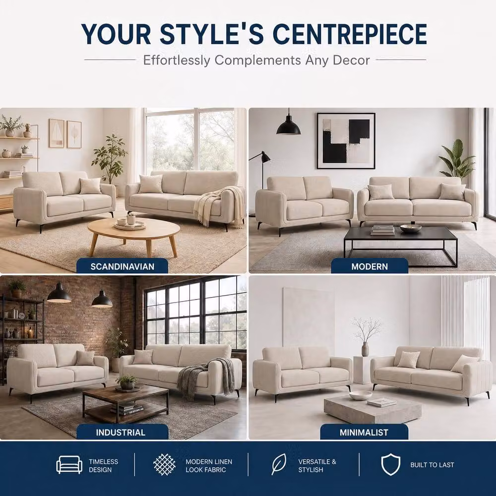 Bravich LTD Brixton Scandinavian Fabric Sofa in Cream, 2 Pack – 7