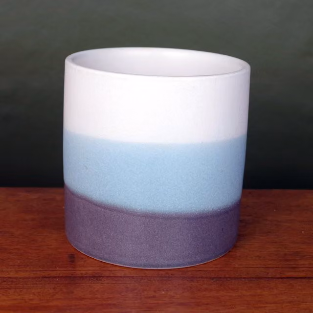 Leaf Ceramic Striped Indoor Cachepot Planter in Blue and Grey – 1