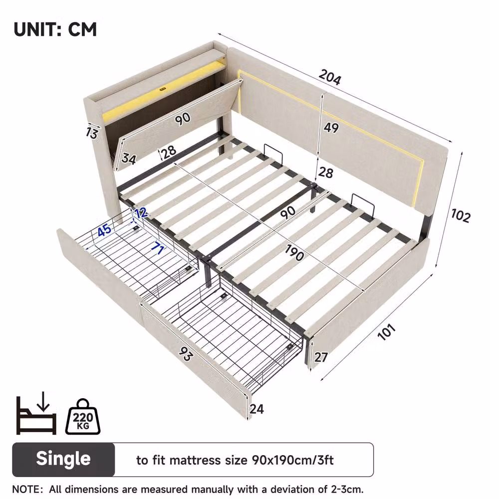 Matteo Beige Linen Single Daybed with USB Charging and Storage Drawers W/D/H: 90 x 190 cm – 4